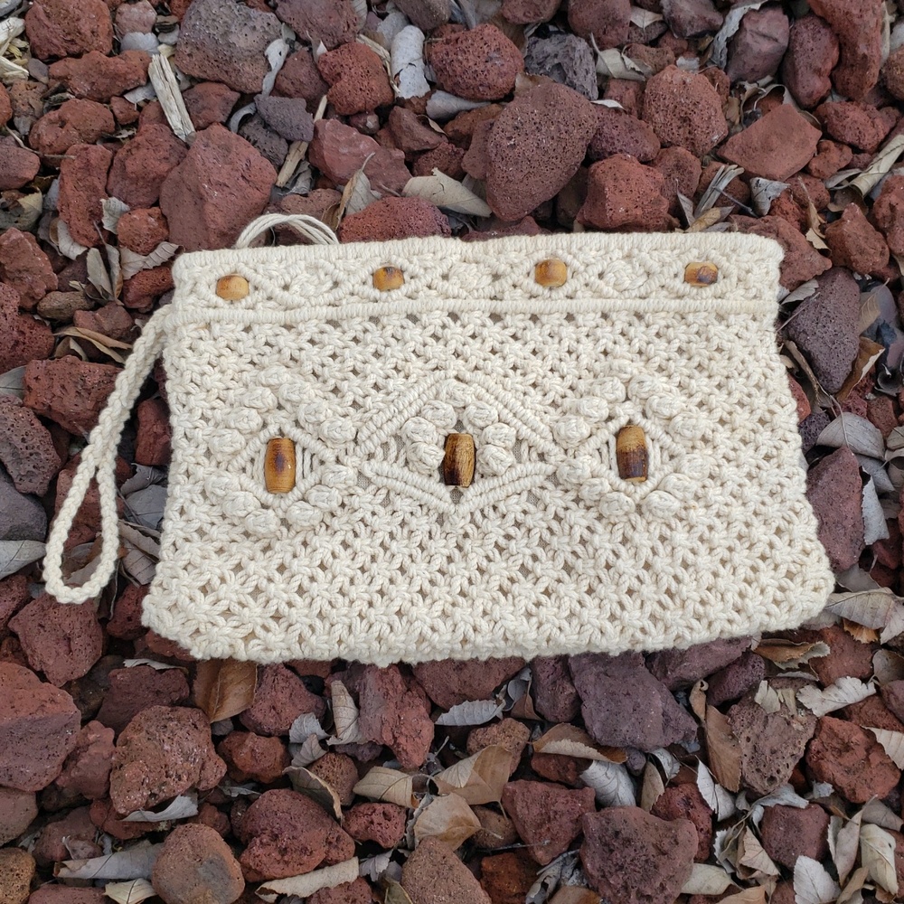 Vintage Handmade Macrame Cotton Crochet Wristlet Clutch 80s Classic Beachy Boho